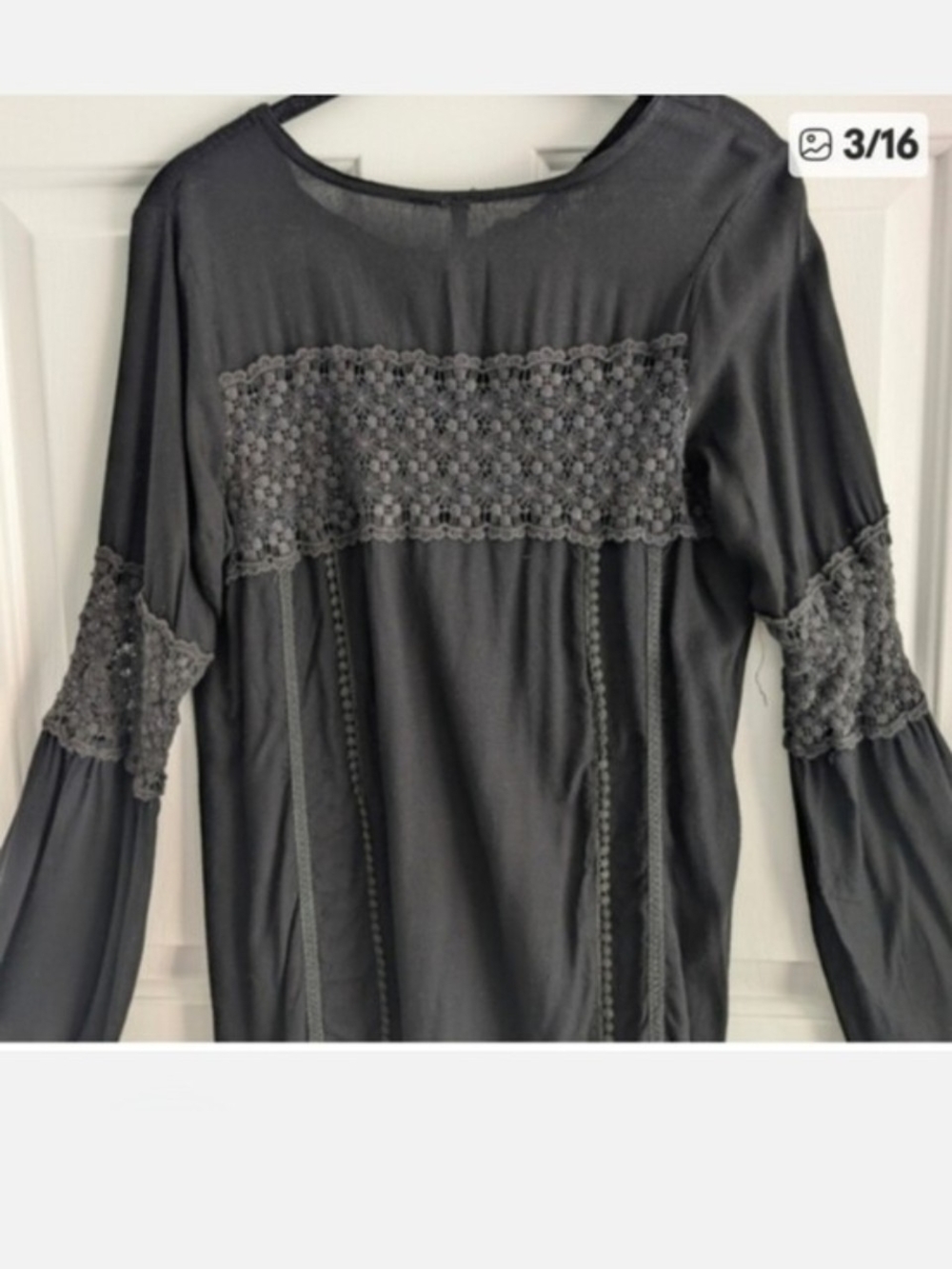 Black Peasant Blouse Crochet- Lacy Yoke and Bell Sleeves Size Small Tunic Top - Picture 4 of 9